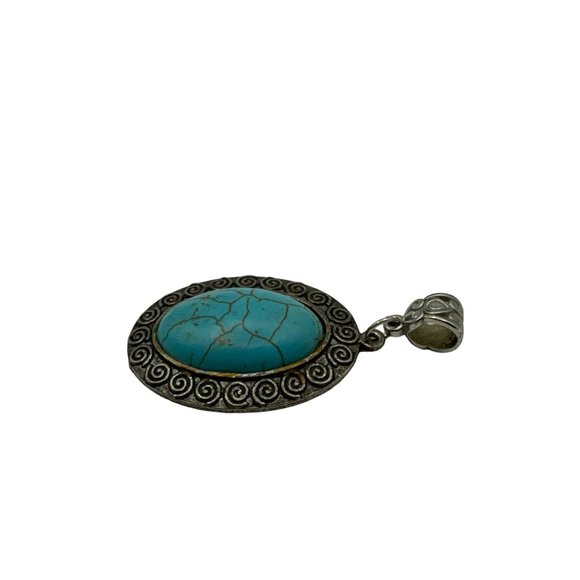 Turquoise and Silver Oval Cabochon Pendant Fashion 1.5 inch - Picture 3 of 5